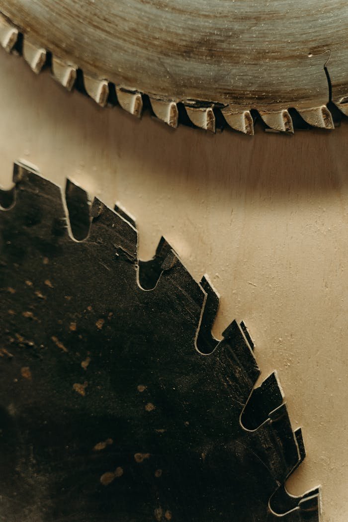 home-hero Detailed view of two circular saw blades in a workshop setting, highlighting craftsmanship.